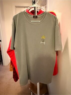 Stussy Olive Green Tee with Yellow Rose Chest Graphic
